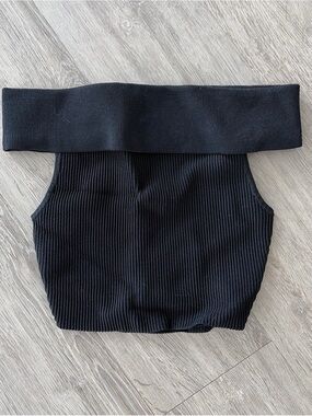 Aritzia Black Ribbed Off-Shoulder Crop Top
